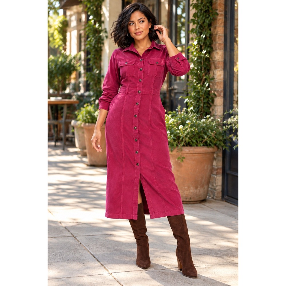 New Loft Womans 8 Petite Shirt Dress Magenta Pink Corduroy Snap Button Western